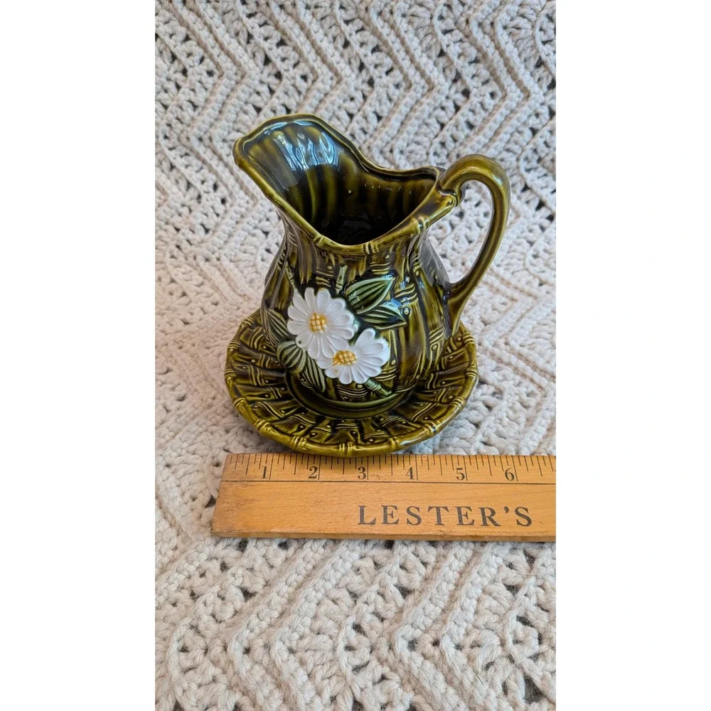 Vintage Japan Olive Green Bamboo Ceramic Creamer Saucer Set Daisy Dragonfly